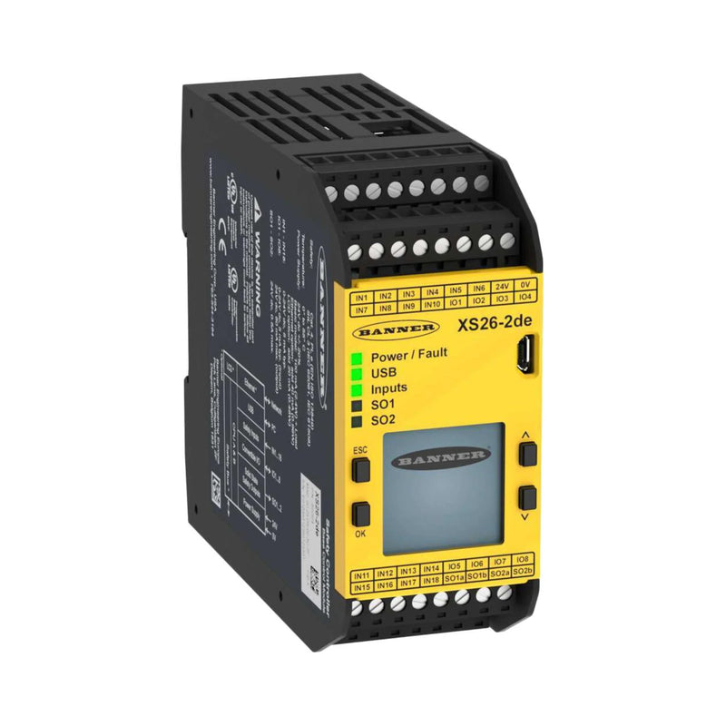 XS26-2DE safety controller with 26 inputs, dual Ethernet ports, 24 V DC power supply