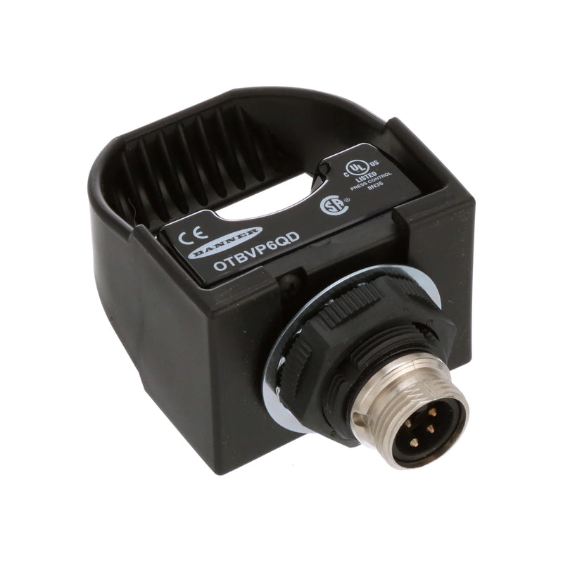 Compact Banner sensor with 100 mm range, 10–30 V, PNP output and M12 connector for industrial settings.