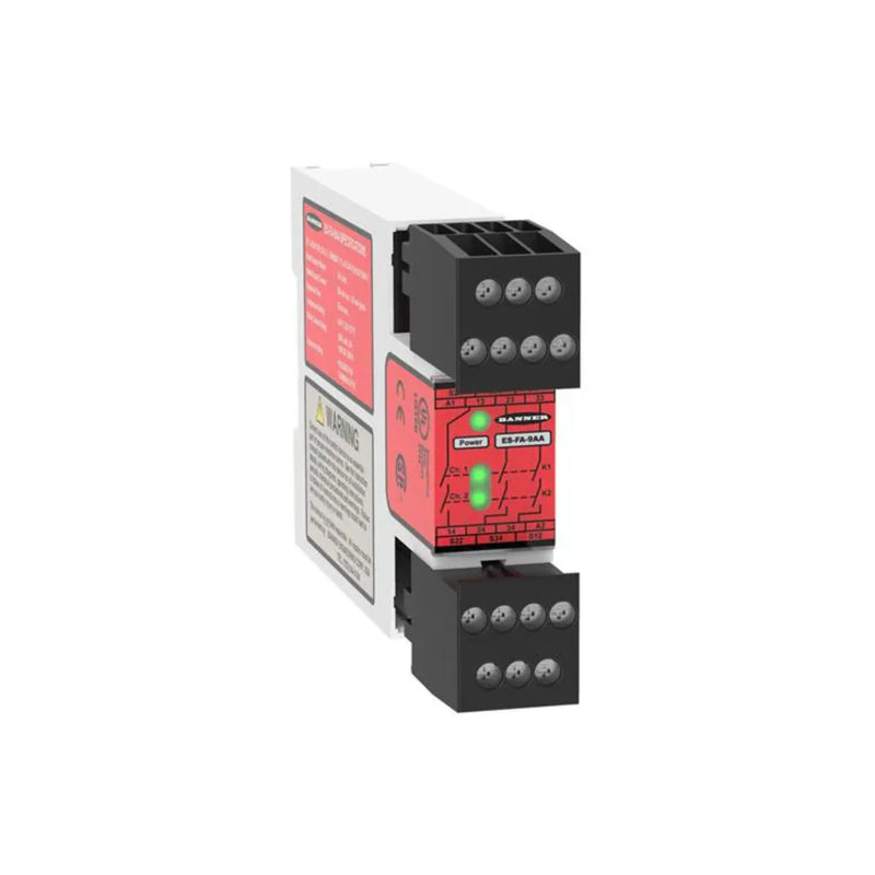 Safety relay module for emergency stops and machine safety control in industrial settings.