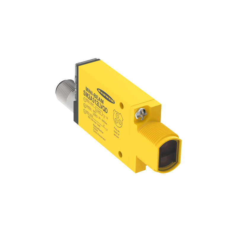 SM2A312LVQD Mini-Beam sensor with adjustable field and visible red LED for precise object detection.