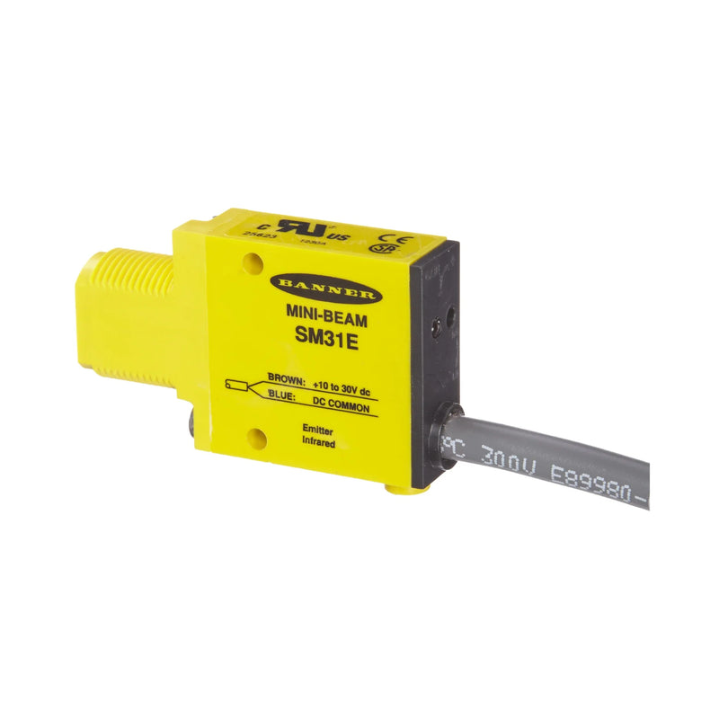 Compact Banner SM31E Mini-Beam emitter, offering reliable infrared sensing for industrial use.