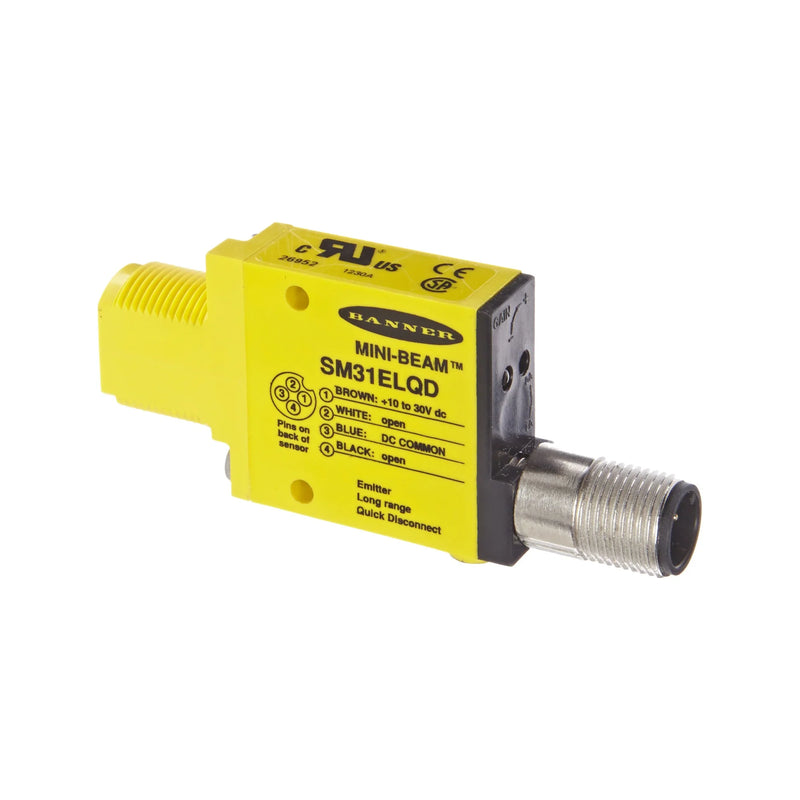 Industrial sensor SM31ELQD, through-beam emitter for precise automated detection up to 30 meters.