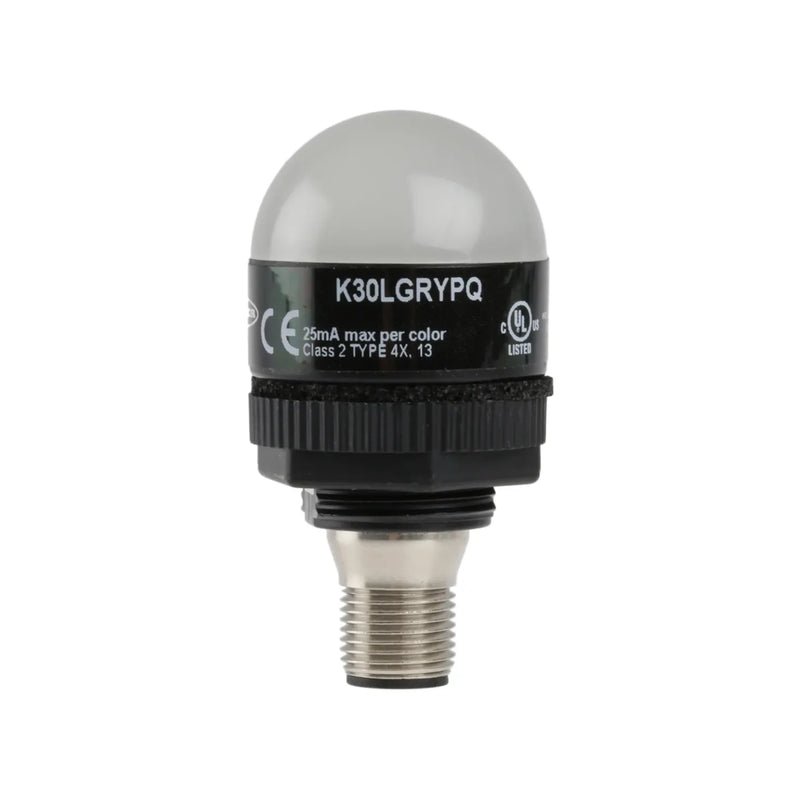 K30LGRYPQ RGB indicator light, 30 mm size, with M12 connector for industrial signaling and PNP input.