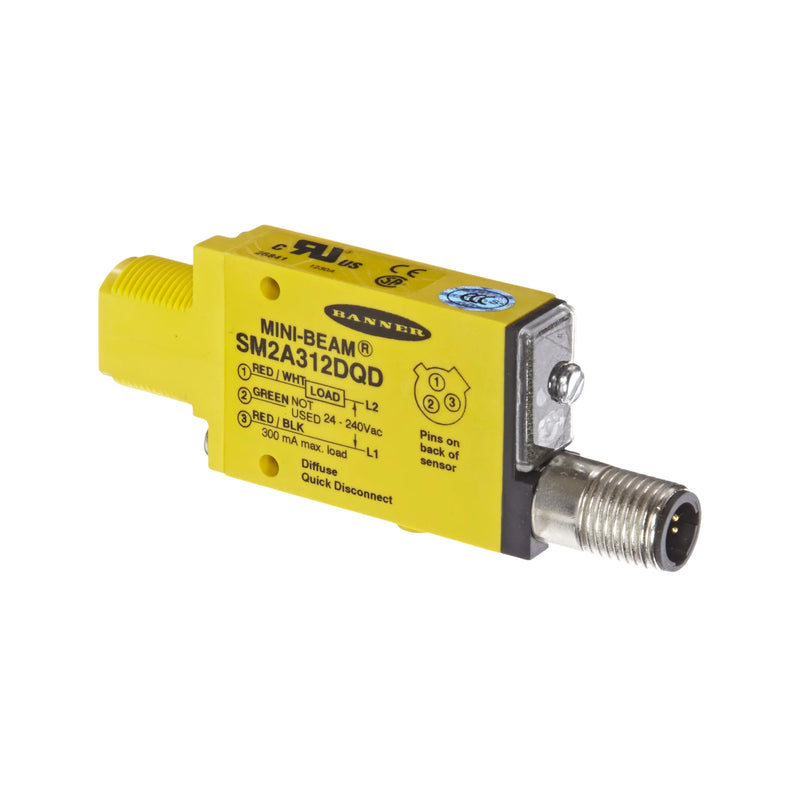Banner SM2A312DQD Mini-Beam sensor, 380 mm range, 24–240 VAC power, IP67-rated.