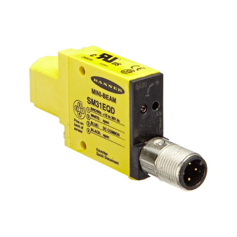 Banner SM31EQD MINI-BEAM emitter with 3 m sensing range, 10–30 V DC, and M12 QD connector for automation.