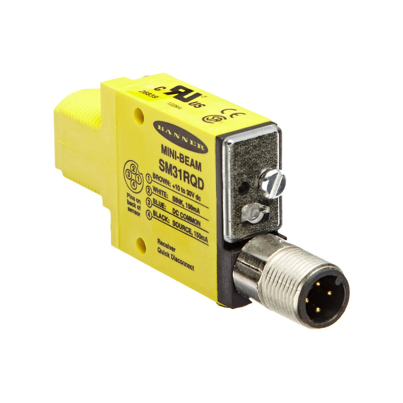Banner SM31RQD Mini-Beam, 3 m range, bipolar output, 4-pin M12 connector, IP67-rated durable housing.